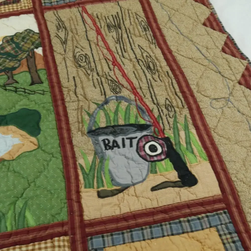 Vintage Applique‎ Fishing Quilt Man Cave Cabin Outdoor Novelty Patch Magic 58x49